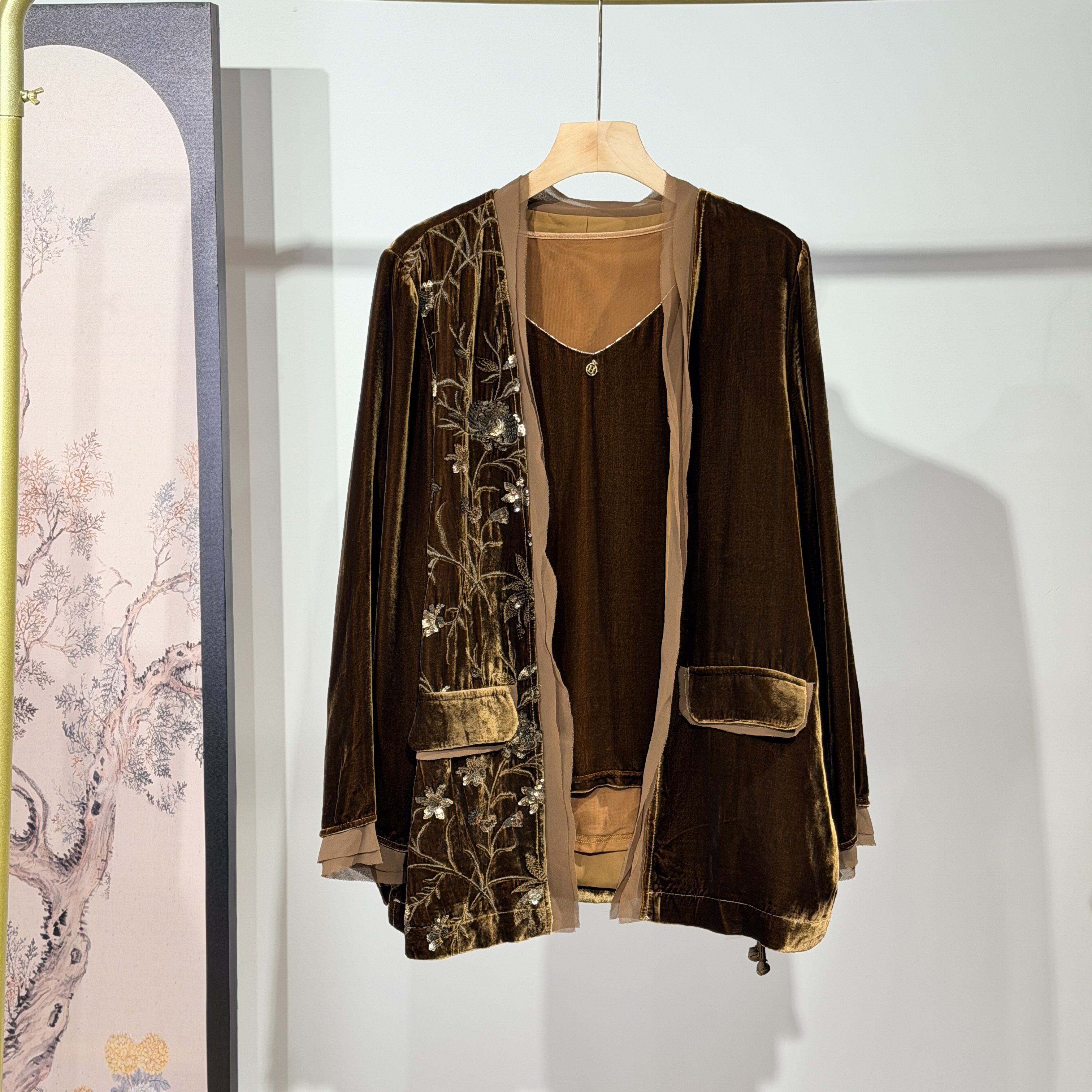 高奢自带高级感！重工刺绣亮片真丝丝绒西装外套女