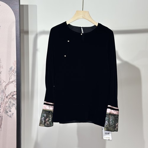 高级感真丝绒中国风上衣女长袖宽松显瘦松弛感独特金丝绒刺绣上衣