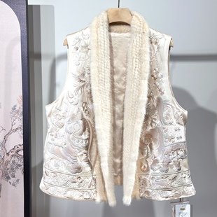 新款 重工國(guó)潮風(fēng)刺繡夾棉馬甲 水貂毛醋酸棉服馬甲女2025冬季 新中式