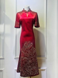 烫钻礼服 中式 鱼尾改良长款 金线绣花妈妈旗袍气质醋酸喜婆婆婚宴装