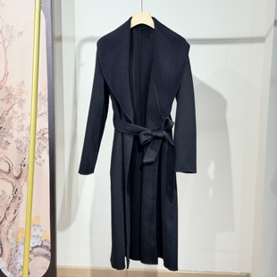 山羊绒羊毛~针织青果领腰带中长款大衣秋冬女黑色简约双面呢外套