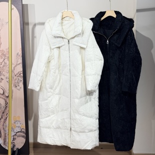 最新款加厚长款连帽烧花植绒鹅绒羽绒服女超保暖休闲时尚外套