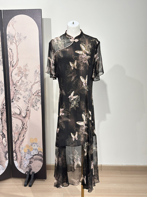 欧洲站2025夏季新款收腰立领真丝桑蚕丝高端显瘦旗袍连衣裙女