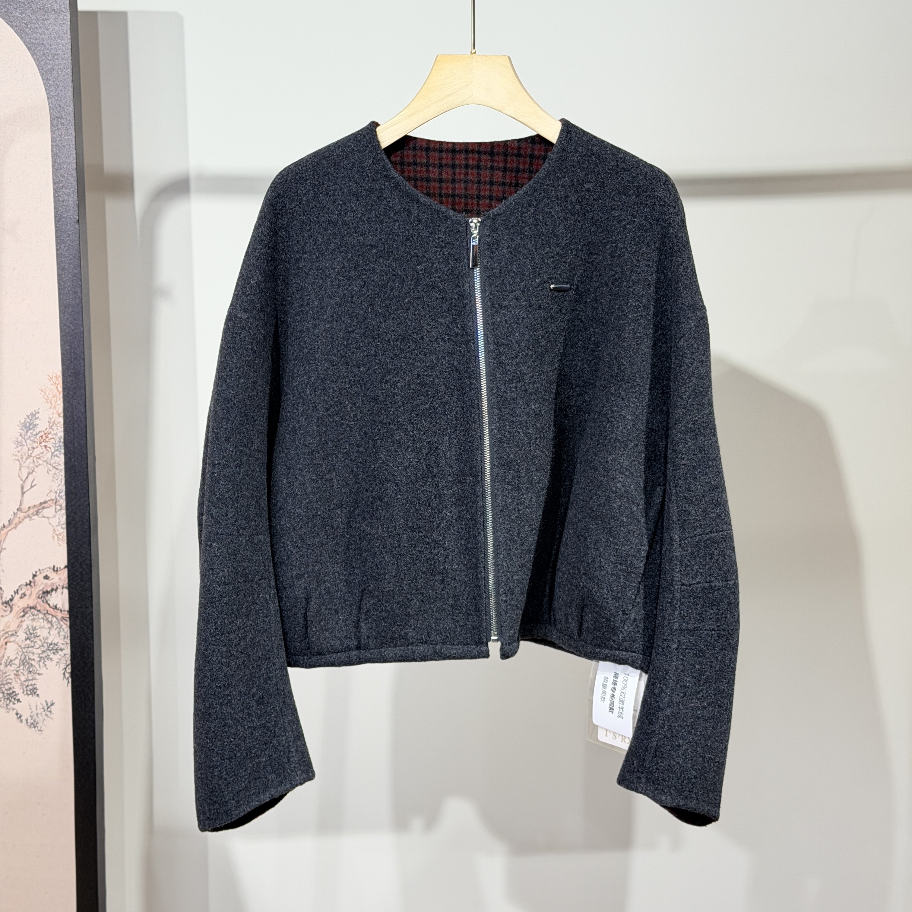 时尚棒球服式落肩袖宽松圆领短款羊驼绒手工缝制双面羊毛呢外套女