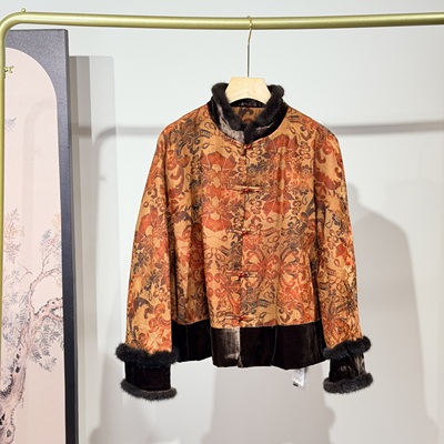 新中式桑蚕丝香云纱水貂毛领加袖口 棉服女上衣国风夹棉棉衣外套