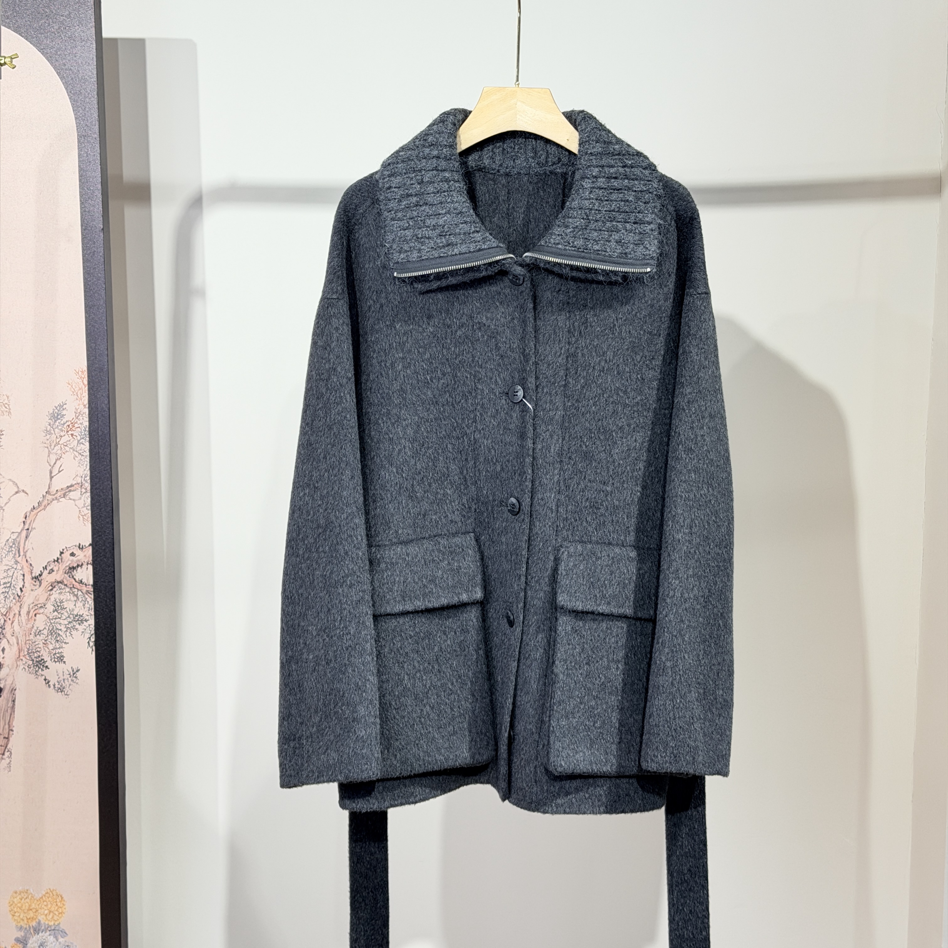 25秋冬新款假两件拼接针织领羊绒中长款大衣外套羊绒羊毛面料