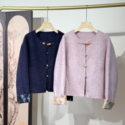 新中式柿子盘扣提花翻袖双面羊毛大衣女短款毛呢外套2025冬季新款