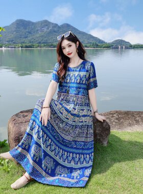 波西米亚蓝印花短袖中老年连衣裙