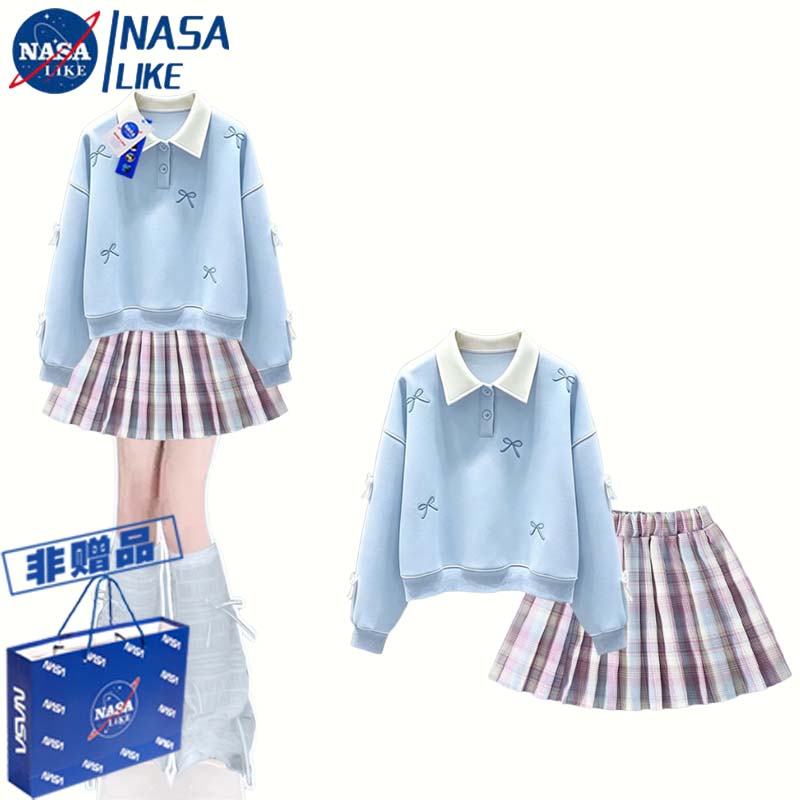 NASA女童甜美POLO领卫衣百褶裙套装春秋款中大童蝴蝶结刺绣两件套