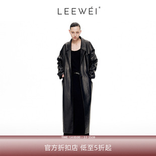 CNLEEWEI官方直营秋冬新品通勤外套直身长腰带环保皮革大衣