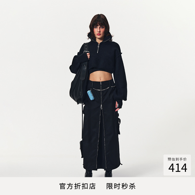 leewei半裙美式多口袋拉链工装裙
