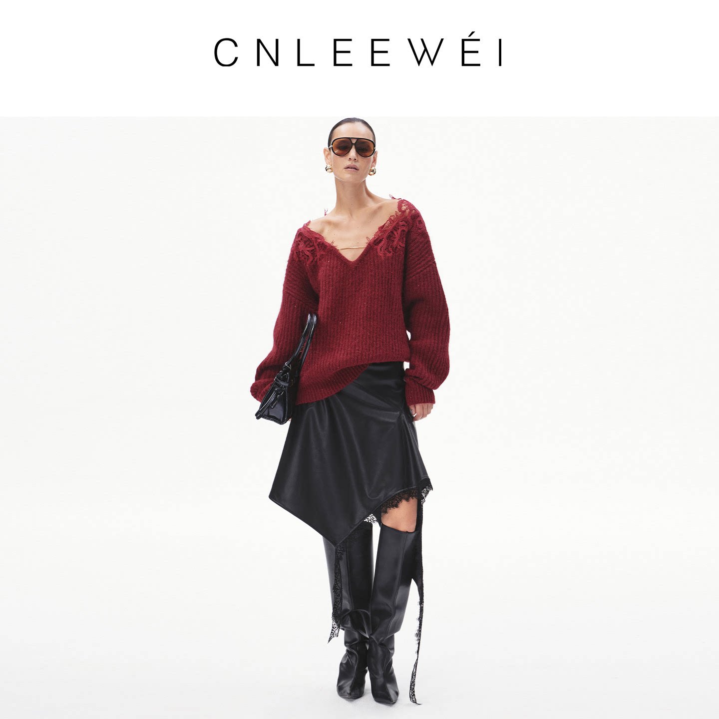 【慎婕同款】CNLEEWEI 26早春新品V领毛衣肌理蕾丝拼接毛织上衣