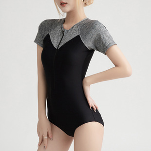 韩国新款 运动泳衣女士连体三角拉链竞技泳装 遮肚显瘦保守泳衣