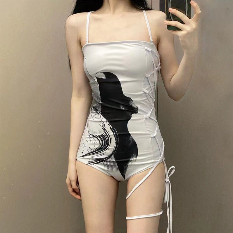 特价厂家新款韩版泳装性感绑带遮肚露背显瘦时尚图案连体女士泳衣