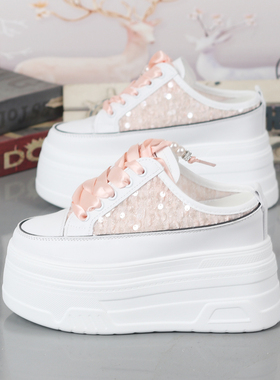 外出懒人半拖鞋增高10cm夏季新款一脚蹬12cm包头拖鞋网面小白鞋女