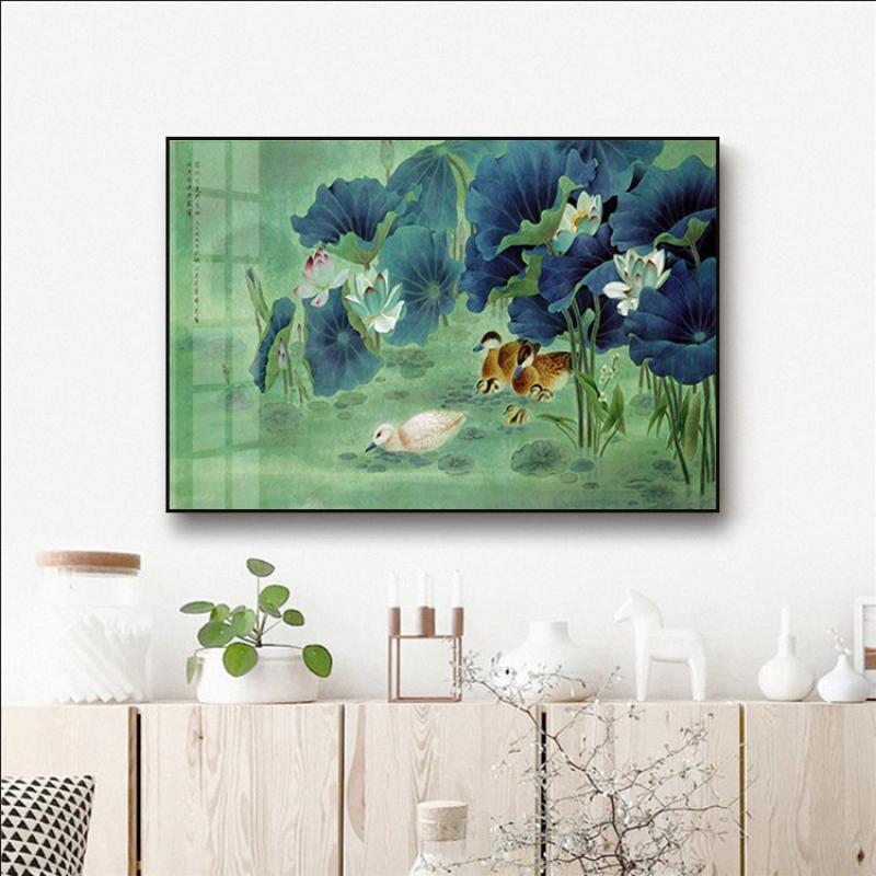 宝鸭穿莲图玄关壁画客厅办公室酒店装饰中式壁画荷花挂画铝合金画图片