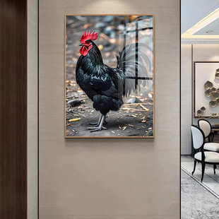 金鸡报晓图新中式客厅玄关黑色鸡餐厅厨房雄鸡招财风水壁画书房画
