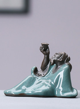 经典诗人李白醉酒哥窑配景茶宠