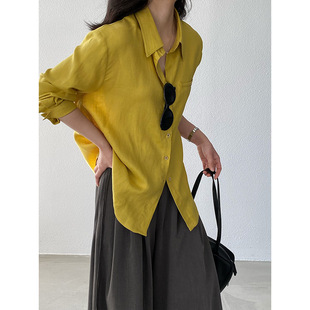 江左 老钱风亚麻不规则廓形休闲宽松衬衫女26春新款翻领开衫 1762