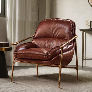美式复古教父椅雪茄椅中古风油蜡真皮休闲椅子手工锻打懒人沙发椅
