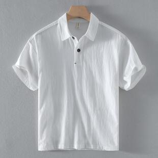 新款 休闲套头透气纯色棉麻polo衫 男士 衬衫 日晞 亚麻翻领薄款 夏季