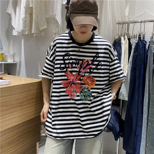 TYJR宽松条纹短袖T恤女2024新款