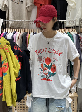TYJR 夏季新款2025韩版宽松圆领花卉印花纯棉短袖T恤女上衣53285