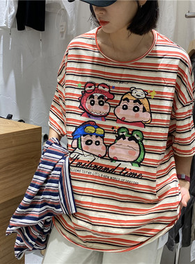 TYJR夏季2024新款女装韩版宽松圆领卡通印花条纹短袖T恤女93521