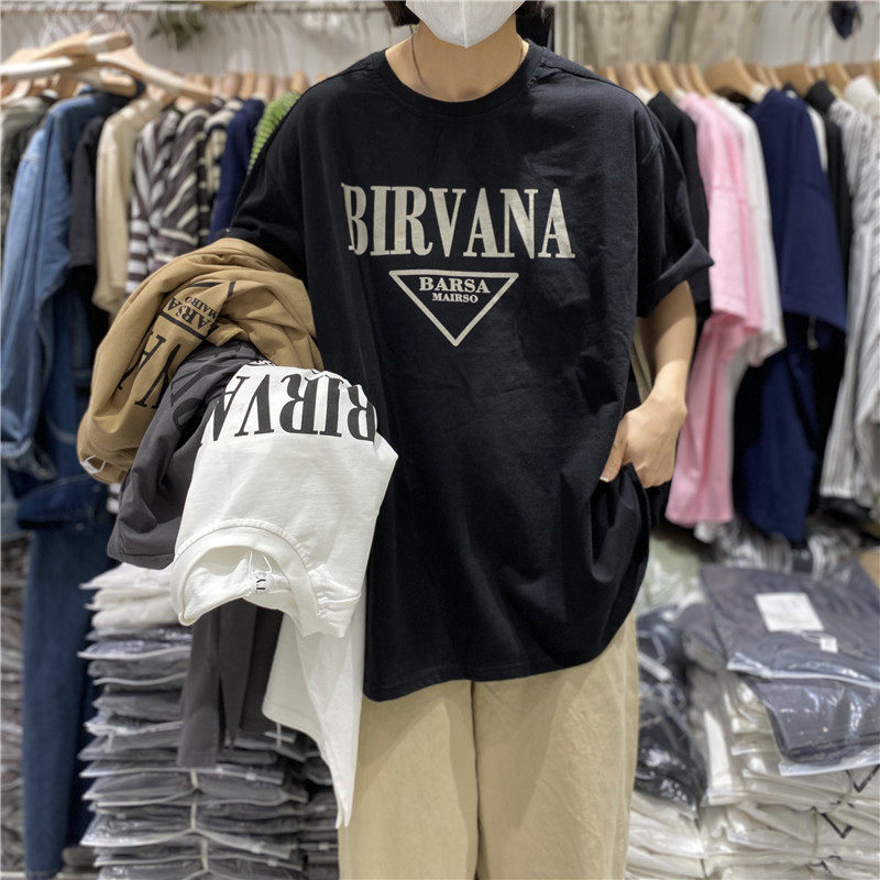 TYJR春夏季新款2023韩版圆领宽松bf慵懒风拼接短袖字母T恤女87087