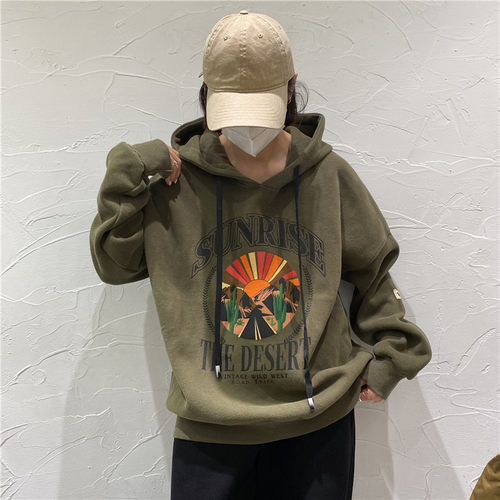 TY1980连帽宽松印花加绒卫衣女