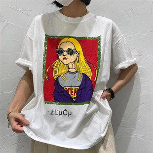 休闲圆领短袖 TYJR 2022韩版 新款 宽松百搭人物印花T恤女5091 夏季