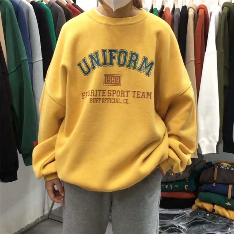 TY1980冬新款韩版圆领长袖宽松bf慵懒风字母印花加绒卫衣女215582