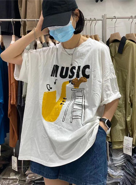 TY1980夏季新款女装韩版宽松百搭圆领短袖印花纯棉T恤女上衣87289