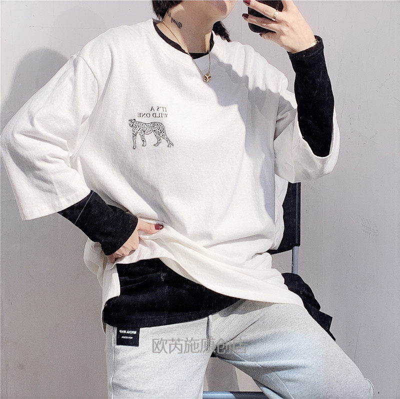 Tang 秋季新款女装2020韩版圆领中袖慵懒风宽松休闲印花T恤女9630