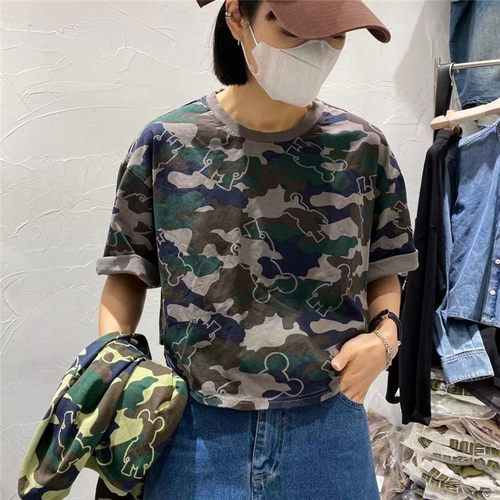 TY1980短袖迷彩印花T恤女短款