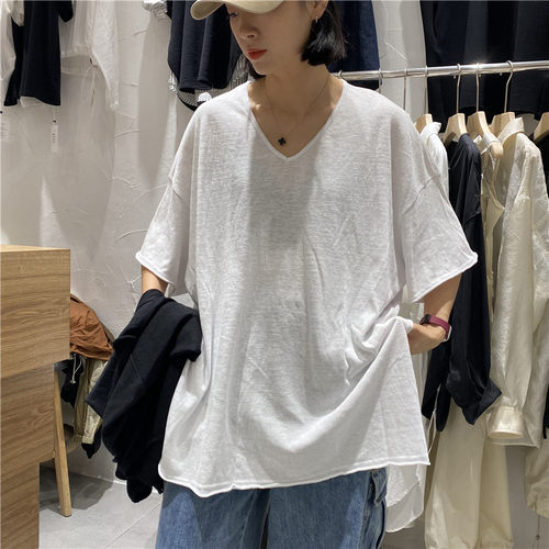 TT夏季宽松V领短袖T恤女2024新款