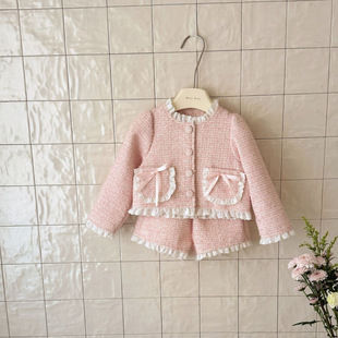 洋气粉色花边外套短裤 韩版 两件套 2026春秋新款 女童小香风套装