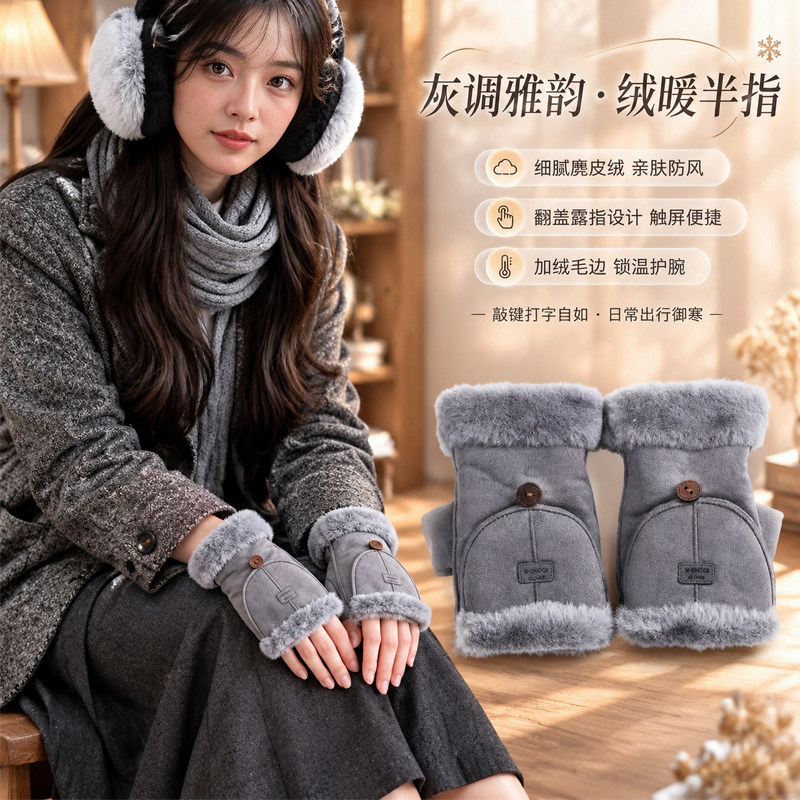 加绒加厚半指翻盖手套女冬天新款麂皮绒户外保暖露指触屏打字手套