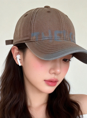 新款字母复古美式显脸小鸭舌帽女磨破软顶防晒帽遮阳大头围棒球帽