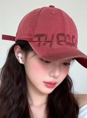 美式复古水洗做旧字母棒球帽女宽帽檐大头围显脸小软顶鸭舌帽子潮