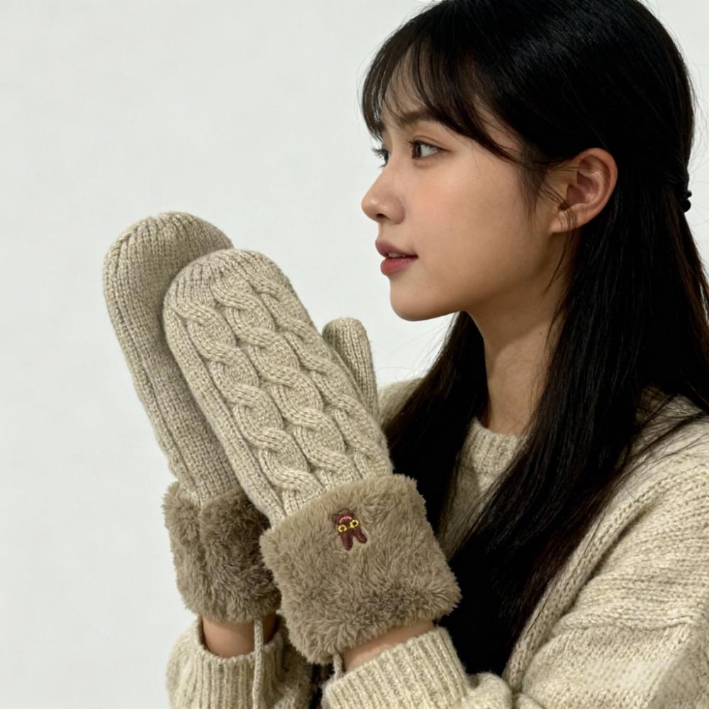 女士加绒加厚保暖挂脖连指毛线手套2025秋冬季韩版新款针织手套