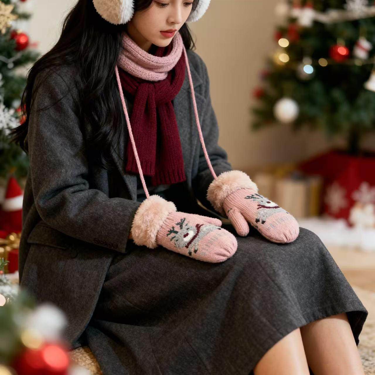 手套冬天女保暖可爱骑车毛线针织骑行全包连指加绒加厚挂脖棉手套