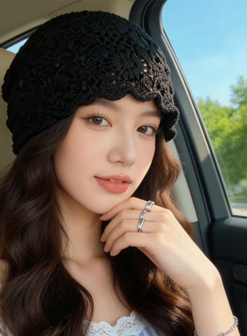 日系手工编织包头帽子女春夏薄款镂空毛线帽复古文艺针织帽堆堆帽