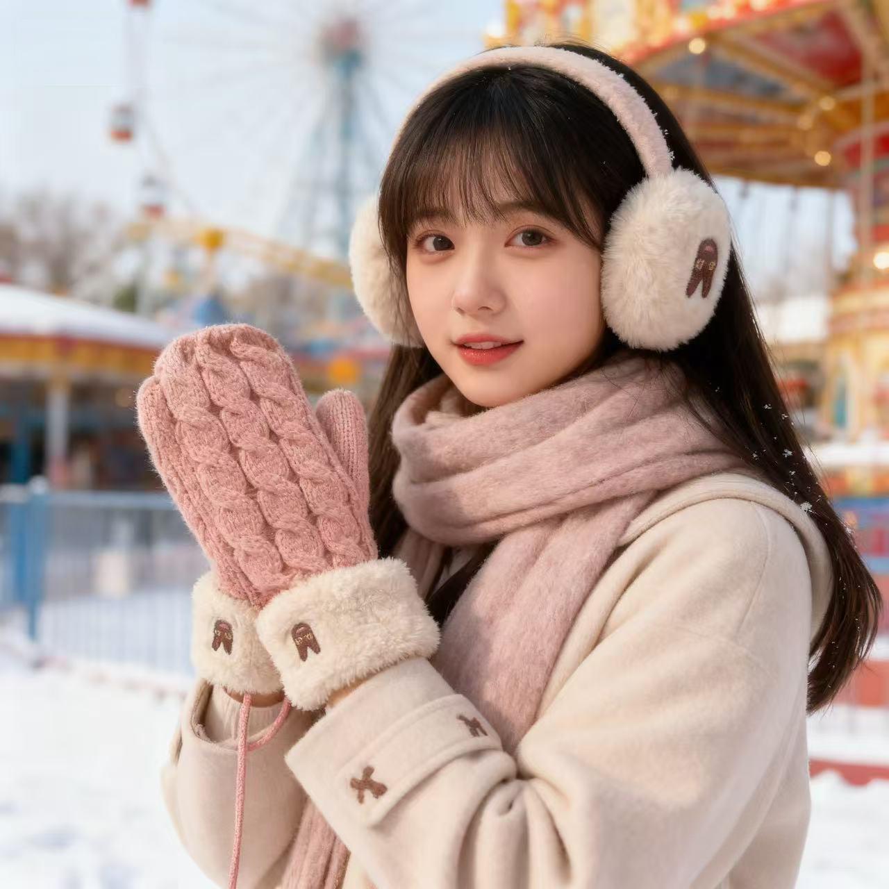 韩版学生加厚保暖挂脖毛线连指手套2025秋冬加绒全指手套女冬可爱