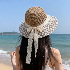 蕾丝草帽大帽檐遮阳渔夫帽显脸小夏季海边沙滩旅游防晒帽太阳帽女