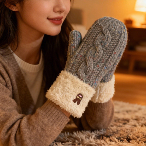 加绒加厚针织连指手套挂脖 韩国版 学生骑行防风保暖毛线手套女冬