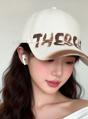 美式复古字母米色渐变棒球帽宽檐显脸小鸭舌帽ins百搭大头围帽子