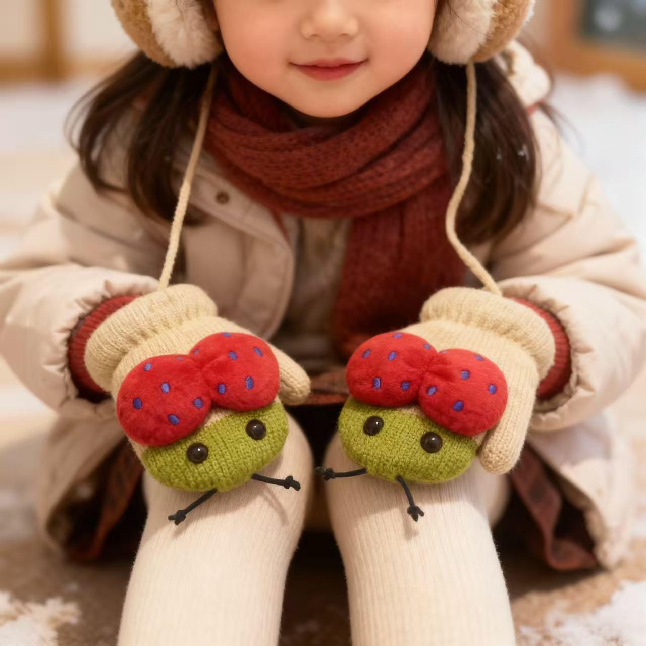 儿童挂脖连指手套秋冬男女宝宝2-5岁孩子针织卡通加绒加厚棉防冻4