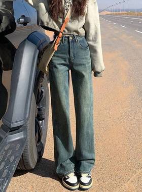 水泥灰114-WY-3加绒腿窄版直筒牛仔裤女2025春秋款腰高显瘦新小个