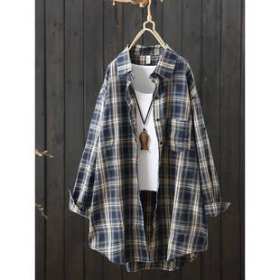 女款 衬休闲开衫 2TDD025年春季 百搭长袖 薄外 新品 中长上格子衣衬衫